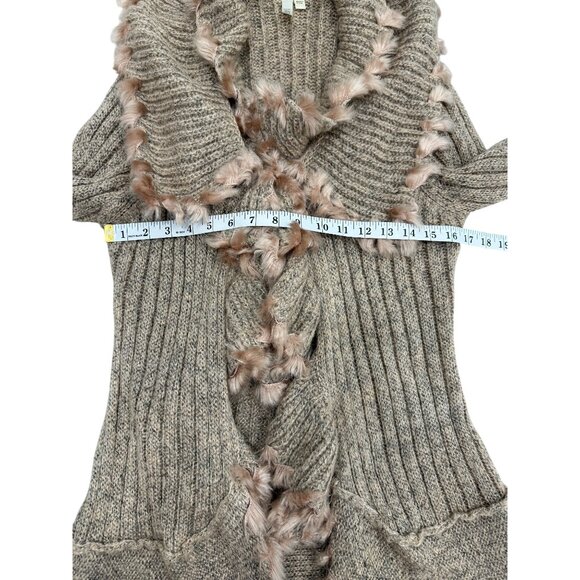 Anthropologie Lapis Cardigan Faux Fur Trim Ruffle Sweater Tan Art Women Size XL - Picture 6 of 8